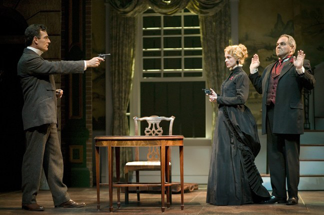 Mark Capri, Libby West and Laurence Ballard in 'Sherlock Holmes' at Pasadena Playhouse. Photo by Tim Fuller