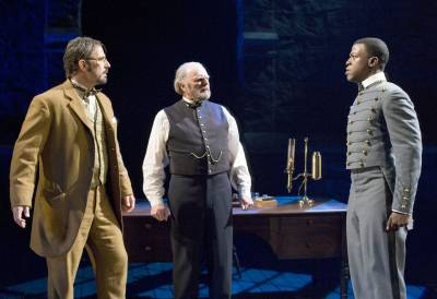 Eric Lutes, Richard Doyle, and Cedric Sanders in 'Matter of Honor' at Pasadena Playhouse. Photo by Craig Schwartz