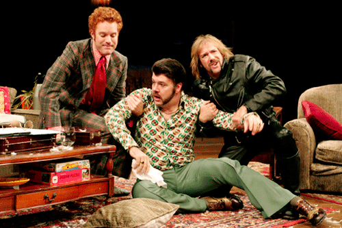 Kasey Mahaffey, Rob Nagel and Louis Lotorto in 'Taking Steps' at South Coast Repertory. Photo by Henry DiRocco