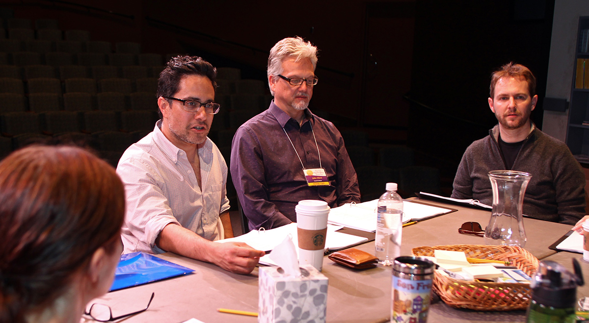 Playwright Rajiv Joseph, SCR Associate Artistic Director John Glore, and Director Matt Shakman, at a rehearsal for the 2014 PPF Reading of 'Mr. Wolf.'