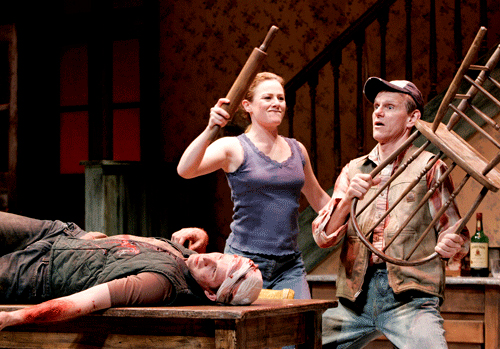 Brad Fleisher, Blake Lindsley and Steve Rankin in Pig Farm at South Coast Repertory