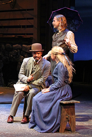 Larry Bates, Adam Haas Hunter (standing) and Lily Holleman in Beth Henley's Abundance at South Coast Repertory