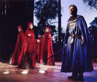 Carolyn Stone, Melissa Condren, Leah Zhang and Tom Hammond as Macbeth in The Old Globe's Summer Shakespeare Festival production of 'Macbeth,' directed by Paul Mullins. Photo by Craig Schwartz.