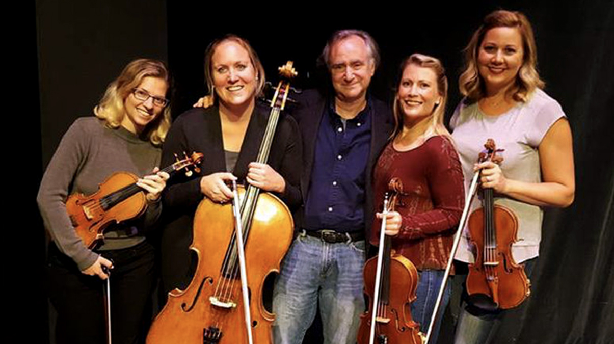 Michael Roth, center, with Quartet Nouveau members (left to right) Batya MacAdam-Somer, Elizabeth Brown, Annabelle Terbetski, and Missy Lukin