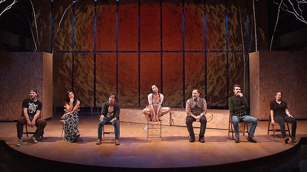 Adam Silver, Amy Pietz, Will Bradley, Zarah Mahler, Arye Gross, Matthew Floyd Miller, and Charlote Gulezian in 'Stupid Fucking Bird' at Theatre @ Boston Court, directed by Michael Michetti