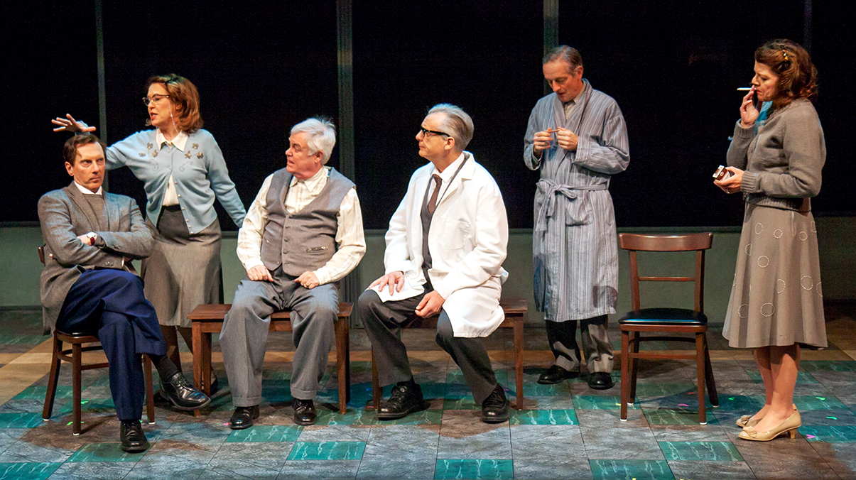 Dan Castellaneta, Gail Matthius, Phil Proctor, Jonathan Stark, JD Cullum, and Deb Lacusta in Castellaneta's 'For Piano and Harpo' at the Falcon Theatre. Photo by Sasha A. Venola