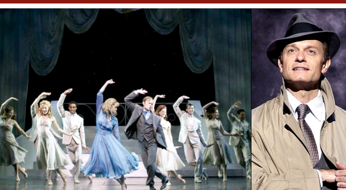 A scene from Curtains at the Ahmanson Theatre, and David Hyde Pierce inset (photos by Craig Schwartz)